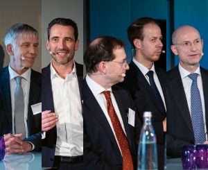 Meistern die Auf und Abs von Aktien: Dr. Ulrich Kaffarnik und Marc Schwetlik (1. Bild v.l.n.r.). Analysieren die Alphas und Betas von Aktien: Franz Weis, Eric Dubiel und Moderator Jürgen Huth (2. Bild v.r.n.l). (Bilder: Andreas Schwarz)